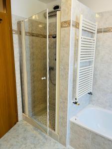 a shower with a glass door in a bathroom at Appartamento Al Lago in Chiesa