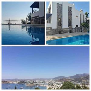 een collage van drie foto's van een huis en een zwembad bij Villa with sea view & pool in Bodrum City