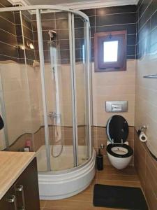 een badkamer met een douche, een toilet en een wastafel bij Villa with sea view & pool in Bodrum City