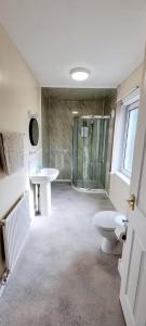 uma casa de banho com um chuveiro, um lavatório e um WC. em The Mariner Hotel em Kippford
