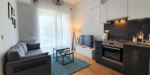 伊斯坦堡的住宿－Near Airport Metro 1-bdr Apartment Gympool，带沙发的客厅和厨房