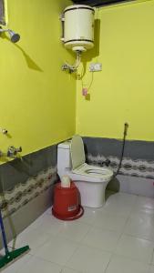 a bathroom with a toilet and a green wall at Damnbro Cafe & Stay KASOL in Kasol