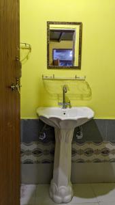a bathroom with a sink and a mirror at Damnbro Cafe & Stay KASOL in Kasol