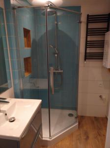 y baño con ducha acristalada y lavamanos. en Tabago Studio 12, en Kędzierzyn-Koźle