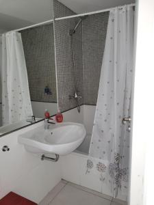 a bathroom with a sink and a shower curtain at Monoambiente con cochera en Puerto Norte in Rosario