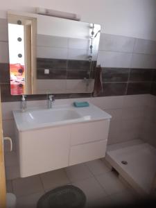 a bathroom with a white sink and a mirror at Balaou in Les Anses-dʼArlets