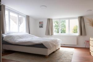 a bedroom with a bed and two windows at Wohnperle im pulsierenden Dornbirn - Ibiza 3 in Dornbirn