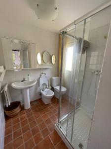 a bathroom with a toilet and a sink and a shower at Trinimat Ferienwohnung Teneriffa Nord 2 in Santa Úrsula