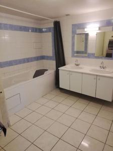 uma casa de banho com 2 lavatórios e uma banheira e uma banheira em Maison au cœur du Sancy em Férérolles