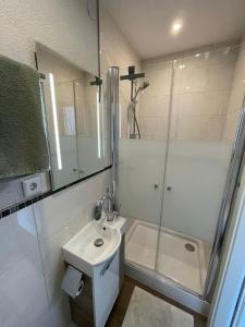 a white bathroom with a sink and a shower at City Apartment Bad Säckingen mit Parkplatz in Bad Säckingen