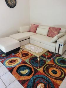 uma sala de estar com um sofá e um tapete em Mon nid d'or JOIGNY FRANCE em Joigny