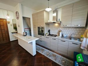 a kitchen with wooden cabinets and a counter top at Una finestra sul verde in Sassello