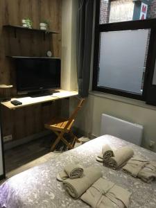 a bedroom with a bed with a television and a window at Petite maison Liégeoise «la cabane de Liège» in Liège