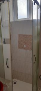 um chuveiro com uma porta de vidro na casa de banho em Apartamento Santos em Ribeira Grande