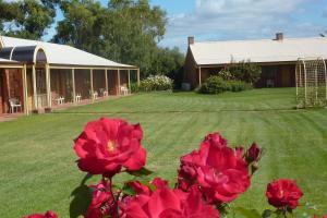 una casa con fiori rossi di fronte a un cortile di Coonawarra Units a Coonawarra