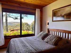 a bedroom with a bed and a large window at Pousada Rural Vista Alegre in Bom Jardim da Serra