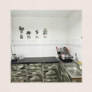 a kitchen with a sink and potted plants on the wall at Sea & Wave #1 Coral Bay Apartment in Pangkor