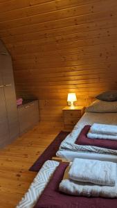 a bedroom with two beds in a wooden cabin at Domki u Jacka in Wilkasy