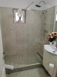 a bathroom with a shower and a sink at Apartament Alba Iulia in Alba Iulia
