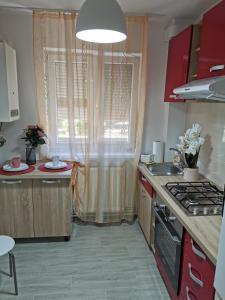 a kitchen with red cabinets and a sink and a window at Apartament Alba Iulia in Alba Iulia