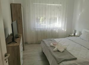 a bedroom with a bed and a television and a window at Apartament Alba Iulia in Alba Iulia +10 photos