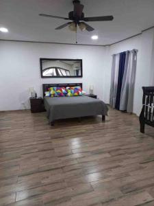 1 dormitorio con 1 cama y ventilador de techo en Casa del Sol en Parrita