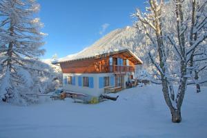 a log cabin in the snow with a tree at Chalet Clara in Chamonix-Mont-Blanc