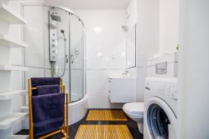 y baño con aseo y lavadora. en Apartamenty Zamkowe- High Standard Apartment, en Rzeszów