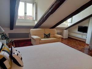 a living room with a bed and a couch and a television at La Mole apartment in Turin