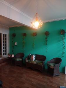 a living room with a green wall with a couch and chairs at quarto 05 solteiro aconchegante a 2 km de Alphaville in Barueri