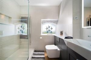 a bathroom with a shower and a toilet and a sink at Courtyard Cottage in Barnstaple