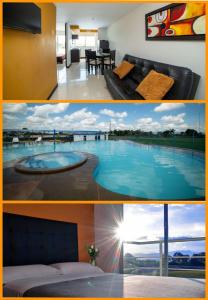 un collage de photos d'une chambre d'hôtel avec une piscine dans l'établissement Apartamento con parqueadero, piscinas y wifi a 5 min del parque del café, à Montenegro