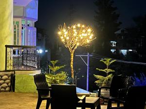 a lighted tree in the middle of a patio at night at Everest Guest House in Gulmarg