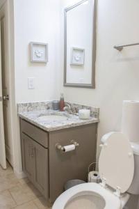uma casa de banho com um WC, um lavatório e um espelho. em Urban Oasis in University City em Filadélfia