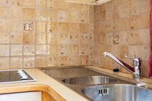 a kitchen with a stainless steel sink and a stove at Apt Waldblick in Maranza +16 photos