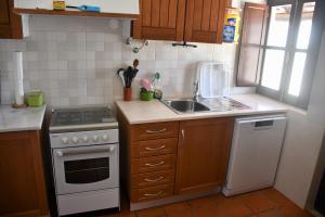 cocina con fregadero y fogones horno superior en Alojamentos Vitinho 3 for Walkers, en Vila Nova de Milfontes