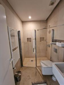 a bathroom with a shower and a toilet and a sink at CityCosy Super Moderne, Confortable, Spacieux et Calme in La Marsa