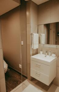 ウィントフークにあるNAMIB Suite - Luxury Apartment near Grove Mall & Hospital Airbnbの白い洗面台とシャワー付きのバスルーム +36枚の写真