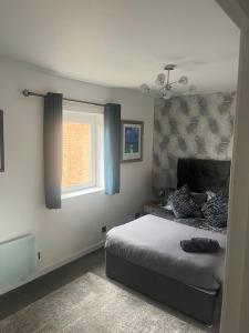 1 dormitorio con 1 cama con cortinas azules y ventana en holiday apartment, en Ardrossan