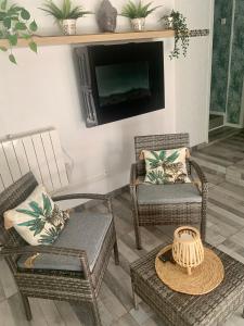 een woonkamer met rieten stoelen en een flatscreen-tv bij Chez Sophie in Altviller