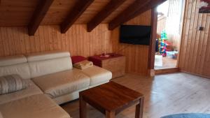 ein Wohnzimmer mit einem Sofa und einem TV in der Unterkunft Ferienwohnung in Mörlenbach