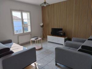 sala de estar con 2 sofás y TV en Les Bruyères Maison au calme avec piscine chauffée, en Chantonnay