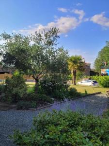 un jardín con árboles y flores y arbustos púrpuras en Les Bruyères Maison au calme avec piscine chauffée, en Chantonnay