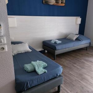 twee bedden met blauwe lakens in een kamer bij Aux abords du lac in Arles