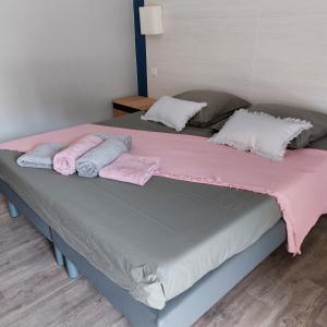 een groot bed met roze en grijze lakens en kussens bij Aux abords du lac in Arles