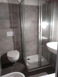 a bathroom with a shower and a toilet and a sink at casettina Vittoria in Consiglio di Rumo