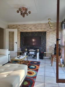 uma sala de estar com lareira e televisão em Mon nid d'or JOIGNY FRANCE em Joigny