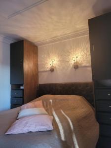 - une chambre avec un lit et 2 oreillers dans l'établissement Mon nid d'or JOIGNY FRANCE, à Joigny