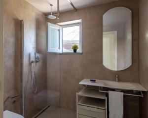 a bathroom with a shower and a sink and a mirror at Vico San Lorenzo - Camere a Salina in Malfa