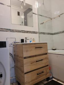 La salle de bains est pourvue d'un lavabo et d'un miroir. dans l'établissement Mon nid d'or JOIGNY FRANCE, à Joigny